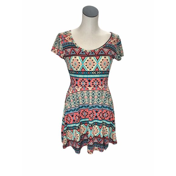 Bobbie Brooks Dress Juniors Women Small Stretch Short Sleeve Mini Pink Aqua Blue - Picture 2 of 9